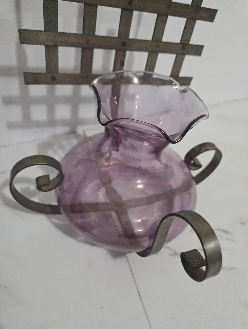 Vintage Amethyst Art Glass Wall Piece With Steel Scroll Wall Mount - 10x7.5